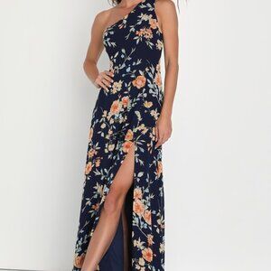 Elegant Admiration Navy Blue Floral One-Shoulder Maxi Dress - Size S